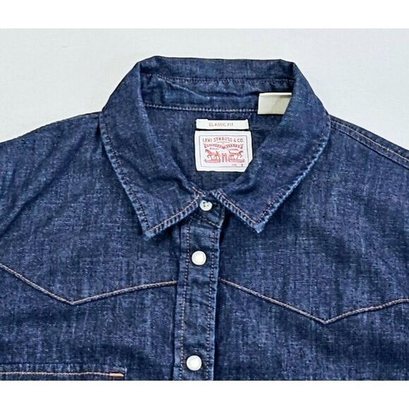 Levi's Classic Size Small Women Blue Pearl Snap Logo Tag Long Sleeve Denim Shirt - Picture 6 of 13